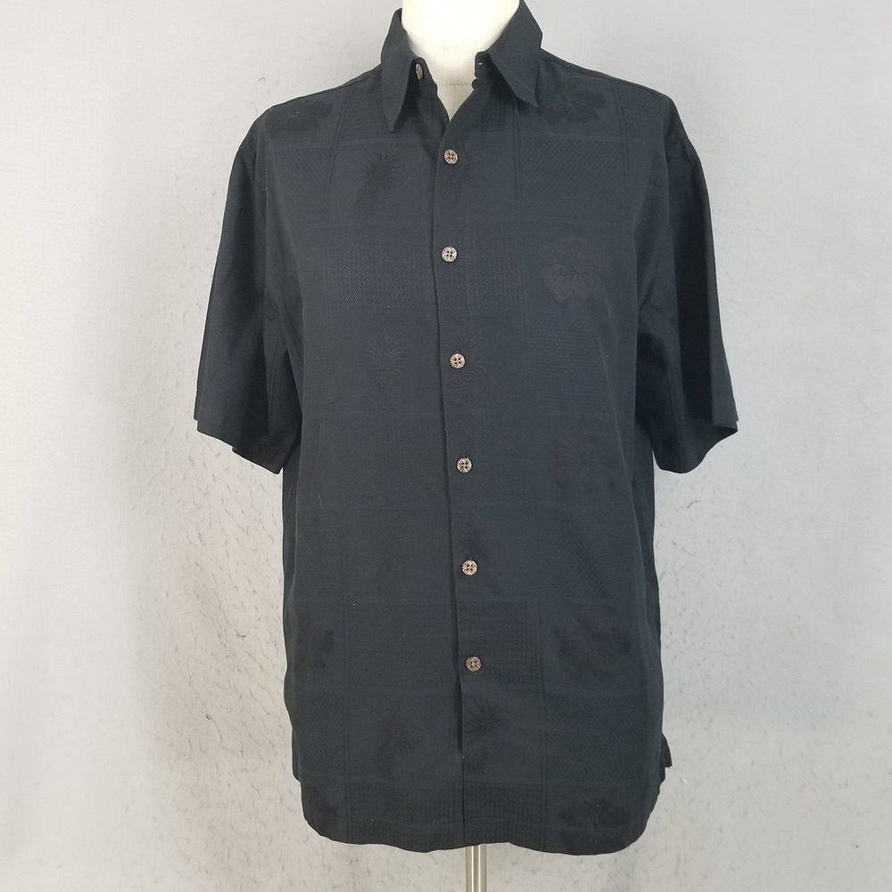 Caribbean Button Up Shirt Mens L Black Silk Cotton Blend Jacquard Tropical Camp